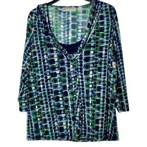 Liz Claiborne Blouse Womens L Green/Blue Geometric 3/4 Sleeve W/Cami SheerTop